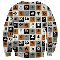 Unisex crewneck sweatshirt with patchwork Adinkra symbols, long sleeves, gray, black, orange