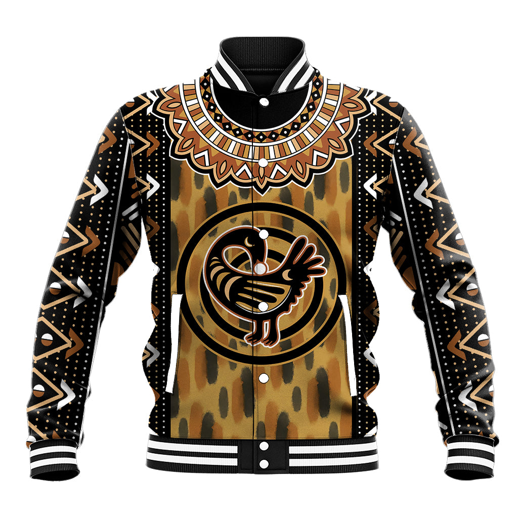 Brown printed baseball jacket with black-and-white ribbed collar and Adinkra symbol graphic
