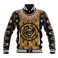 Brown printed baseball jacket with black-and-white ribbed collar and Adinkra symbol graphic