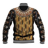 Brown printed baseball jacket with black-and-white ribbed collar and patterned sleeves
