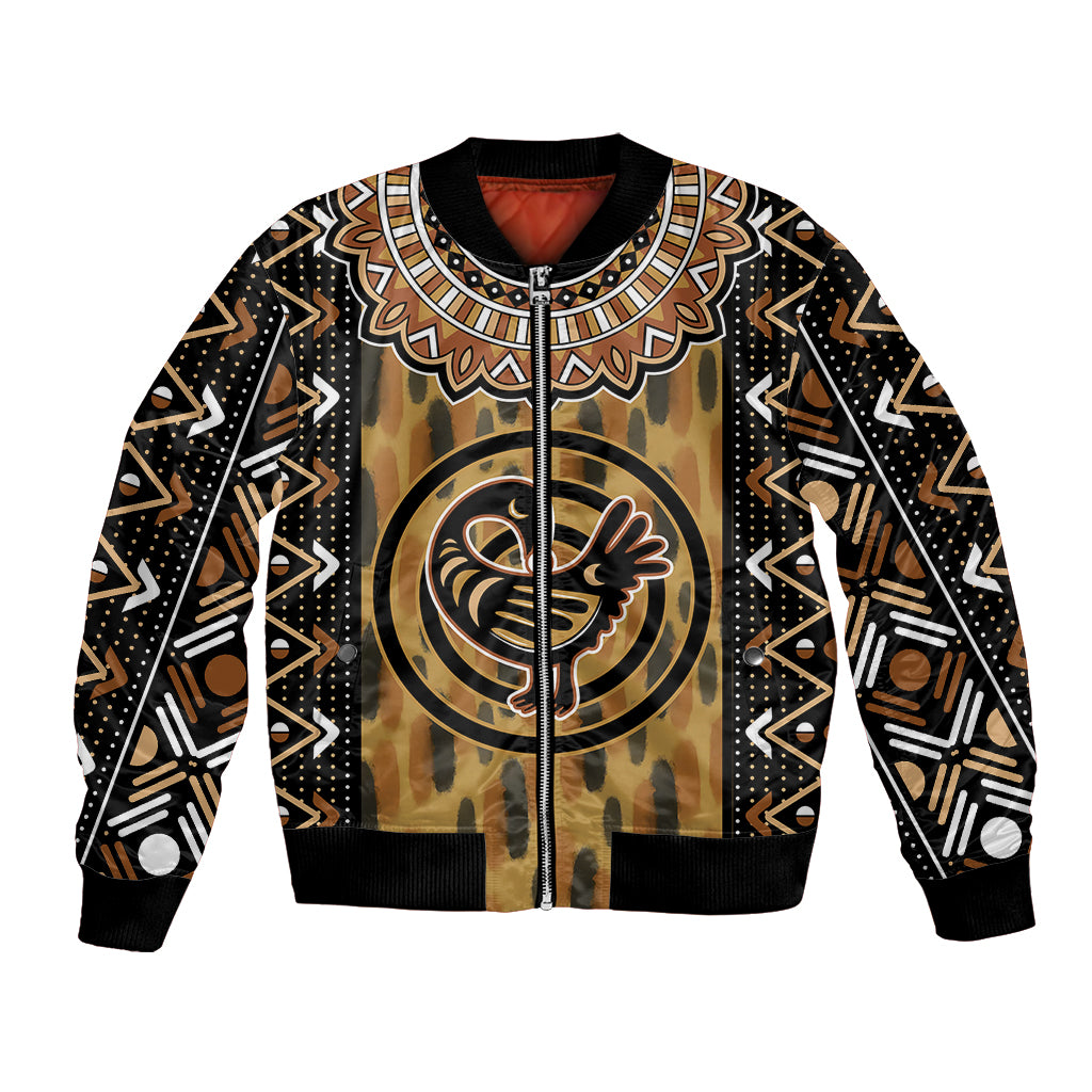 Unisex bomber jacket, brown/black Adinkra print, ribbed collar, cuffs, zip front