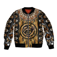 Unisex bomber jacket, brown/black Adinkra print, ribbed collar, cuffs, zip front