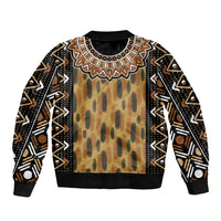 Unisex bomber jacket with brown/black abstract Adinkra pattern, ribbed collar and cuffs