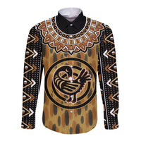 Brown long sleeve button shirt with black collar; circular bird Adinkra print