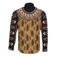 Brown long sleeve button shirt with black collar; tribal border and animal spot print