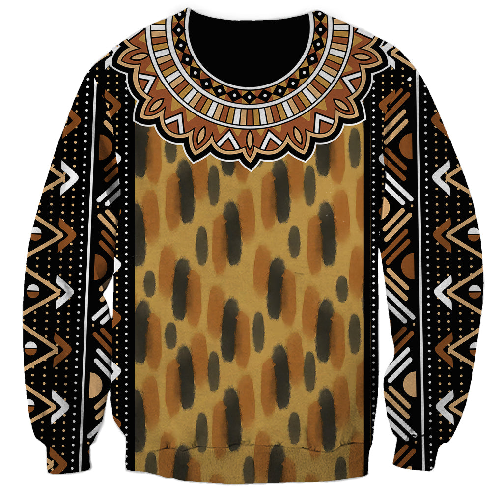 Unisex sweatshirt with mud cloth print pattern, black crew neck, long sleeves