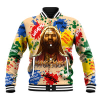 Multicolor baseball jacket with gold portrait graphic, ribbed collar and snap-button front