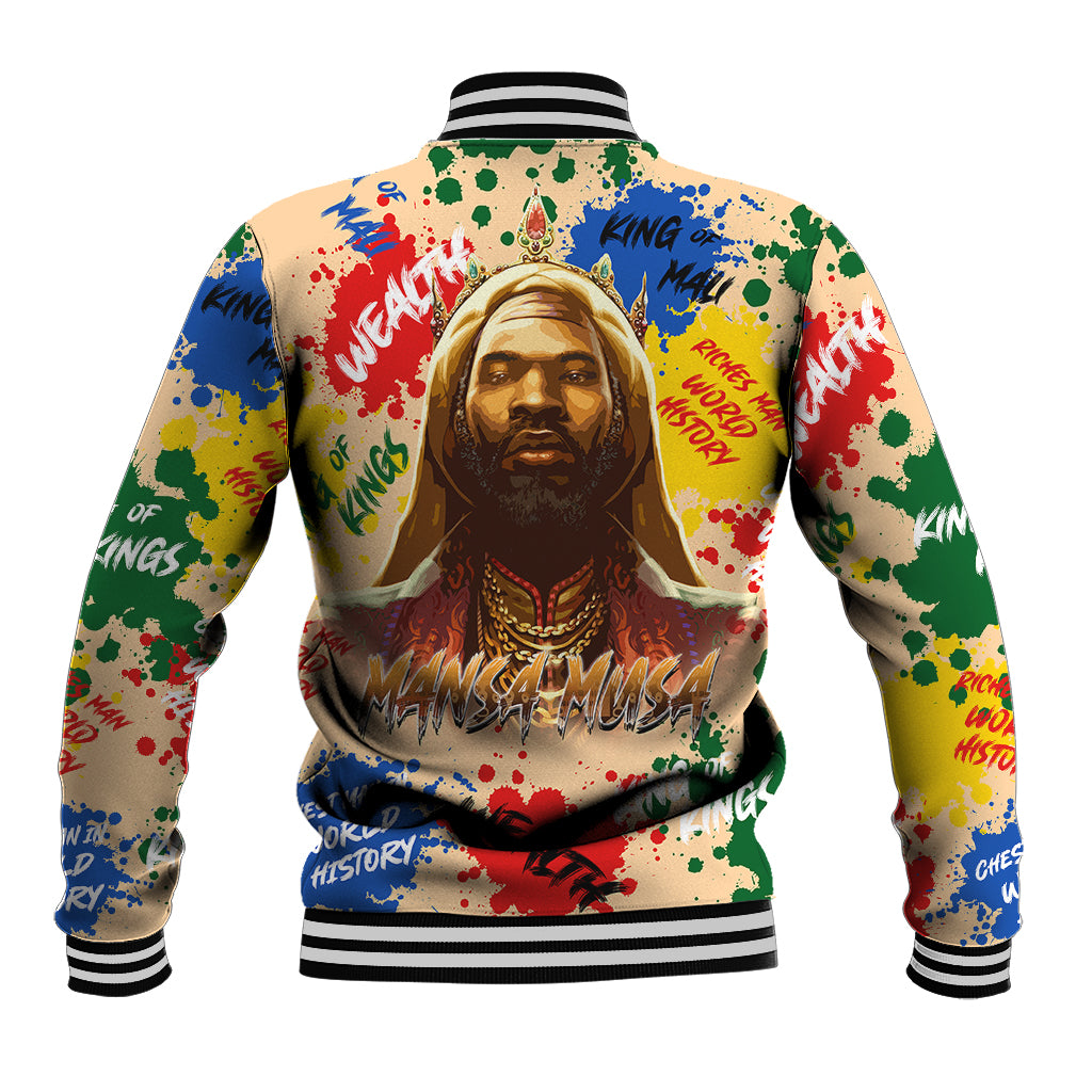 Multicolor baseball jacket with large back portrait graphic, striped ribbed collar and hem