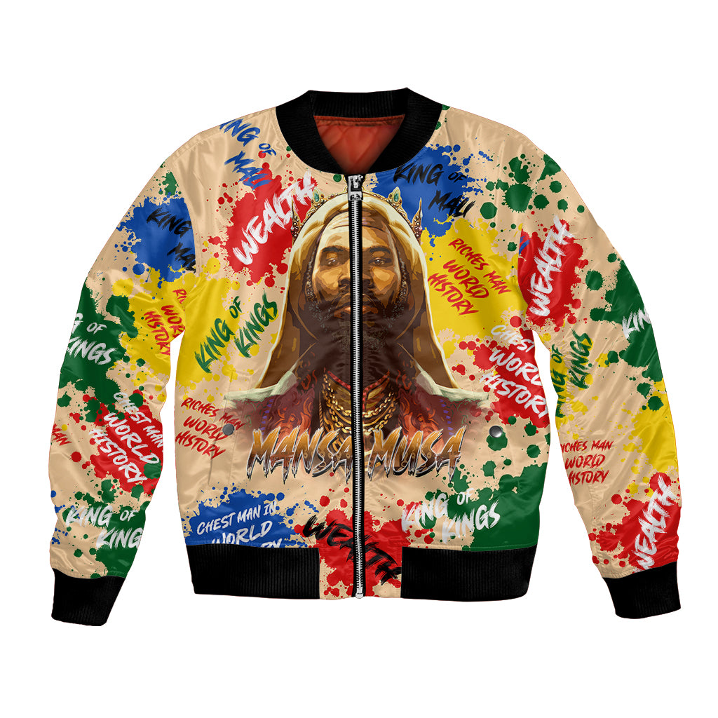 Colorful bomber jacket with full-zip front, ribbed cuffs, and Mansa Musa portrait graphic
