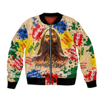 Colorful bomber jacket with full-zip front, ribbed cuffs, and Mansa Musa portrait graphic