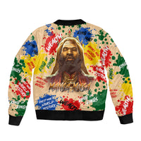 Bomber jacket in beige with colorful splatter print, ribbed hem, and portrait front