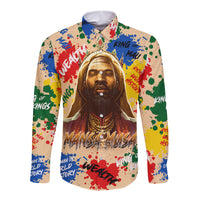 Long-sleeve button shirt with hood, multicolor portrait graphic