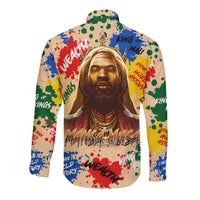 Long-sleeve button shirt with hood, portrait graphic with splatter accents