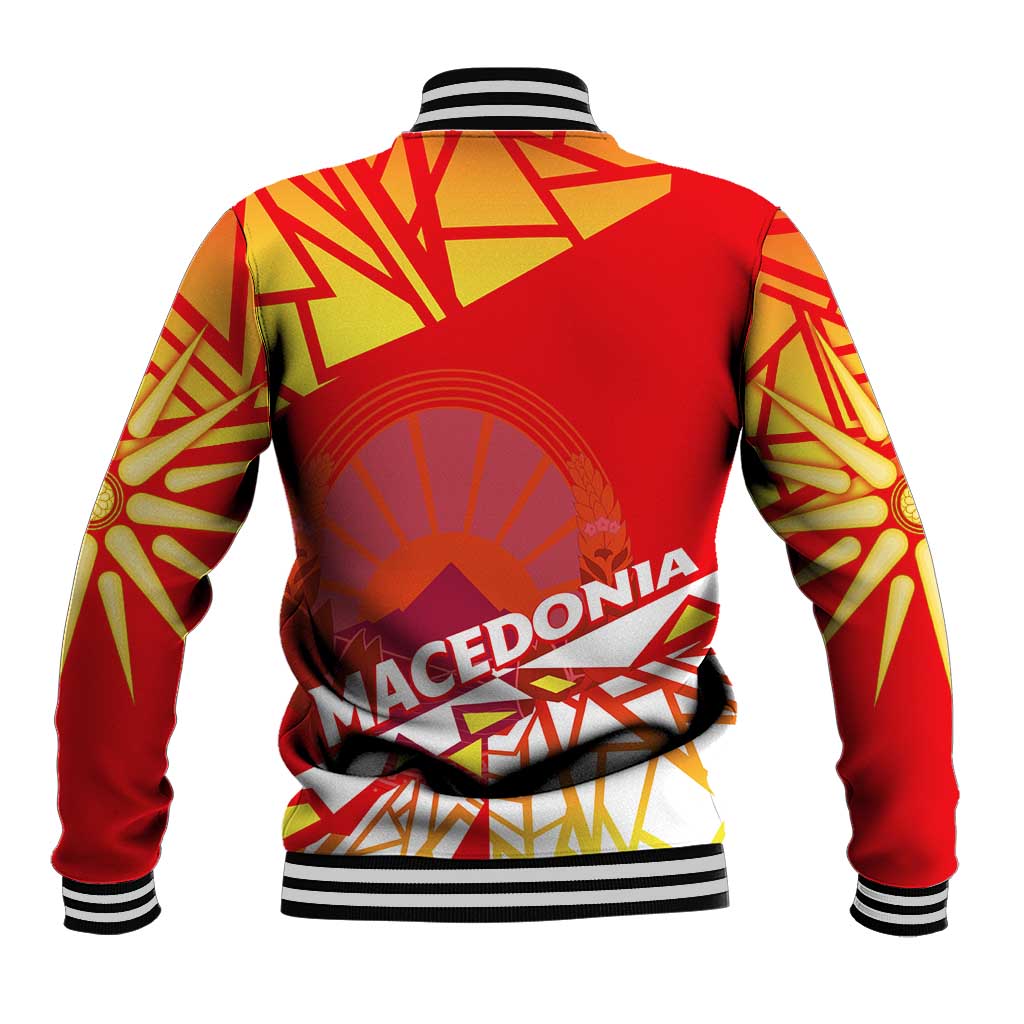 Red Macedonia baseball jacket back with large circular crest and geometric flag design