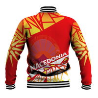 Red Macedonia baseball jacket back with large circular crest and geometric flag design