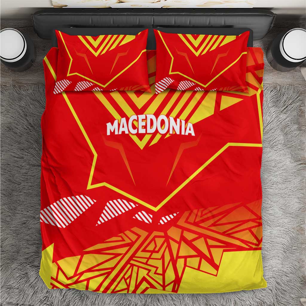 Red Macedonia flag bedding set with yellow geometric design and two matching pillowcases