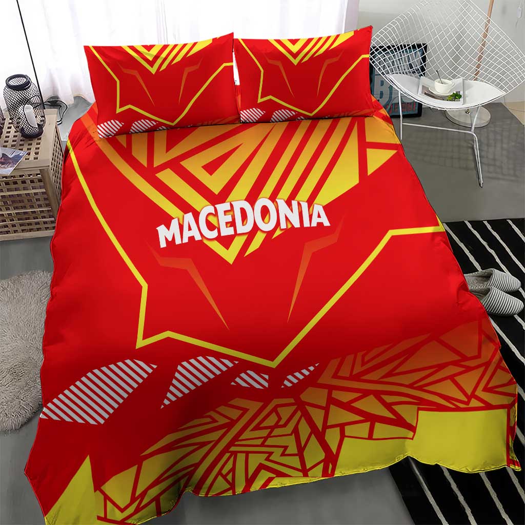 Red Macedonia flag bedding set showing yellow geometric rays, "MACEDONIA" text, and two pillows