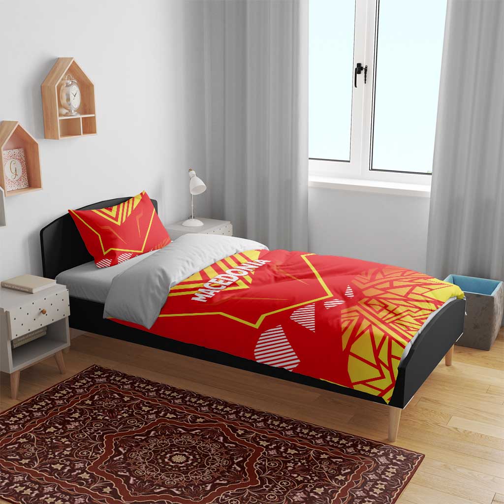 Red and yellow Macedonia flag bedding set on bed with duvet and two matching pillowcases