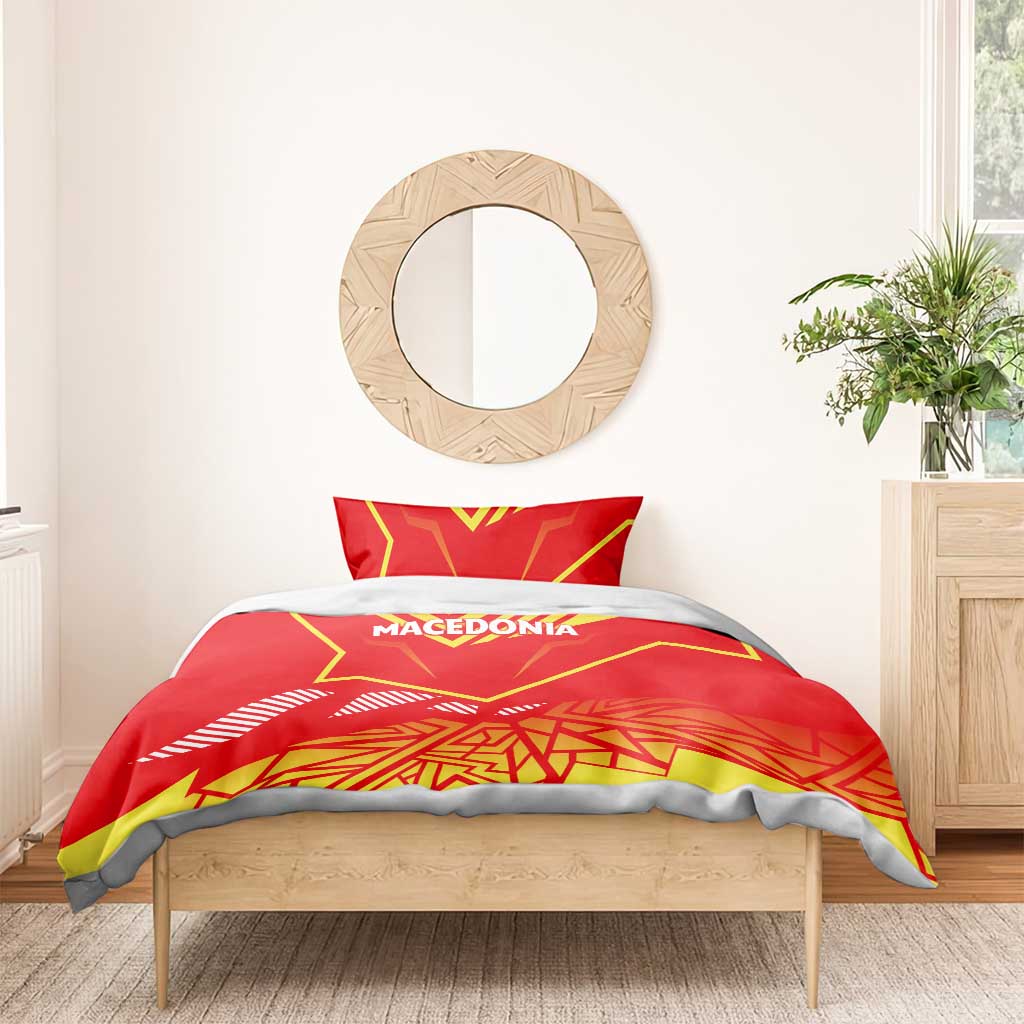 Red duvet cover with yellow Macedonia flag geometric pattern and centered "MACEDONIA" lettering
