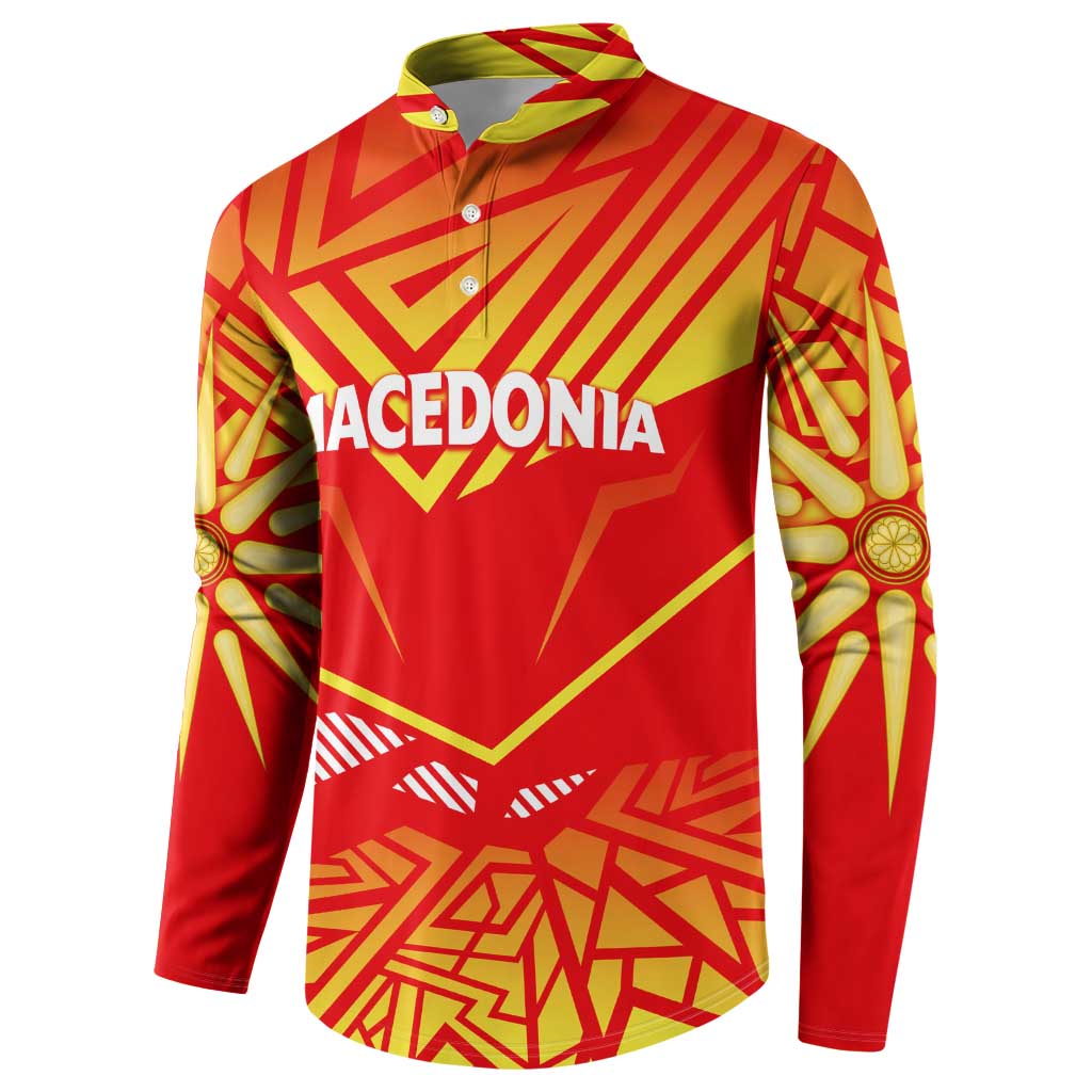 Back view red button-up sweatshirt with yellow geometric Macedonia graphic, long sleeves