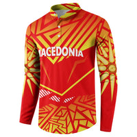 Back view red button-up sweatshirt with yellow geometric Macedonia graphic, long sleeves