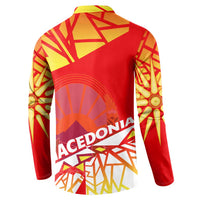 Red button-up sweatshirt with large back Macedonia word graphic and geometric print