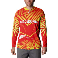 Red button-up sweatshirt with yellow geometric Macedonia logo front, long sleeves