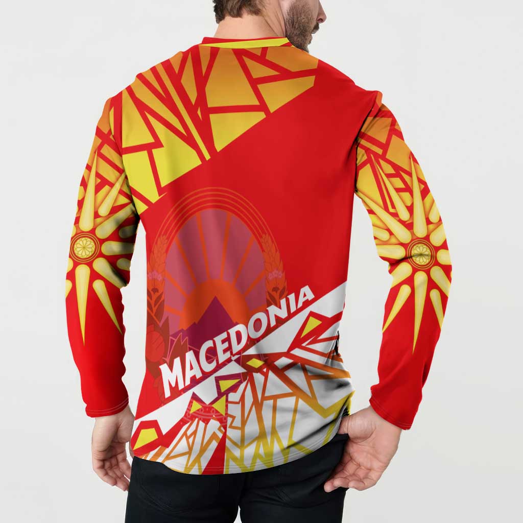 Red button-up sweatshirt with back Macedonia word graphic and geometric print