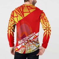 Red button-up sweatshirt with back Macedonia word graphic and geometric print