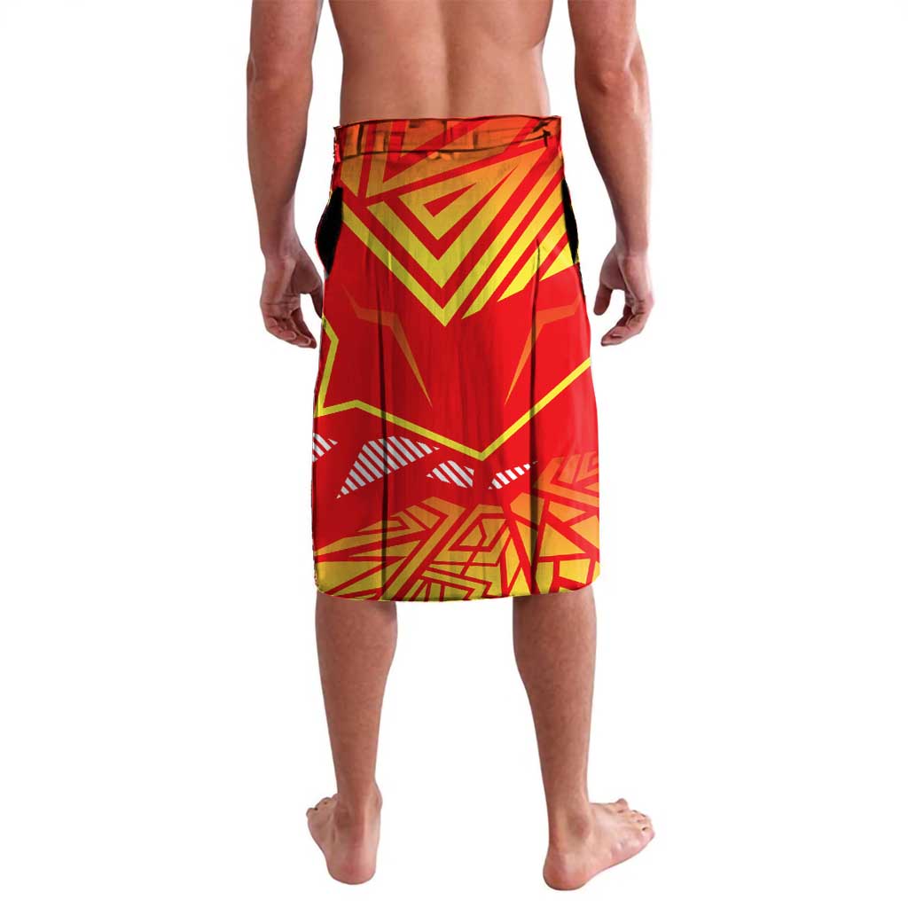 Red wrap lavalava skirt with geometric Macedonian flag print and wide side panels