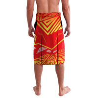 Red wrap lavalava skirt with geometric Macedonian flag print and wide side panels