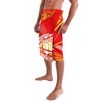 Red wrap lavalava skirt, side view, with geometric Macedonian flag print and waistband