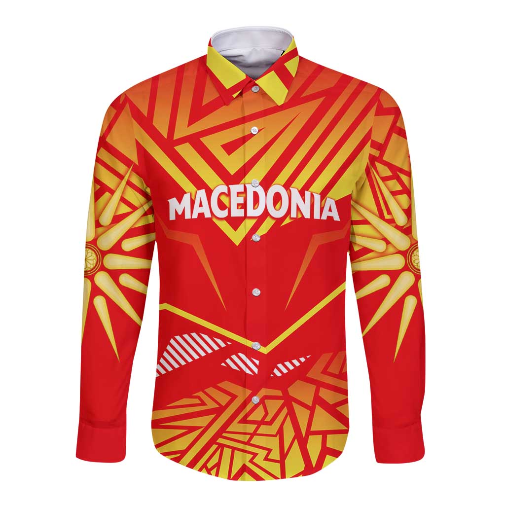 Red long-sleeve button shirt with yellow geometric Macedonia graphic and white text