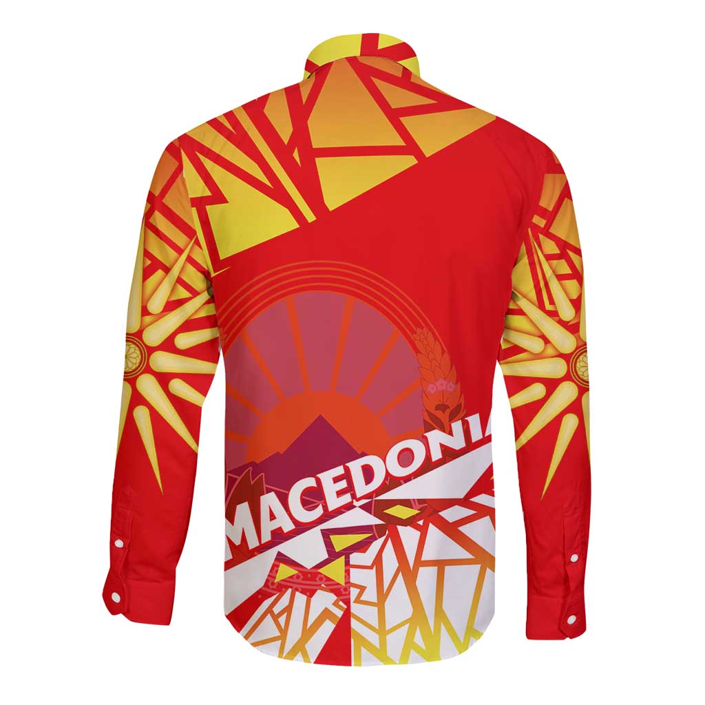 Red long-sleeve button shirt, back view, yellow geometric emblem with large 'MACEDONI' text