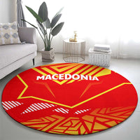 Round red Macedonia flag carpet with yellow geometric rays and white “MACEDONIA” text
