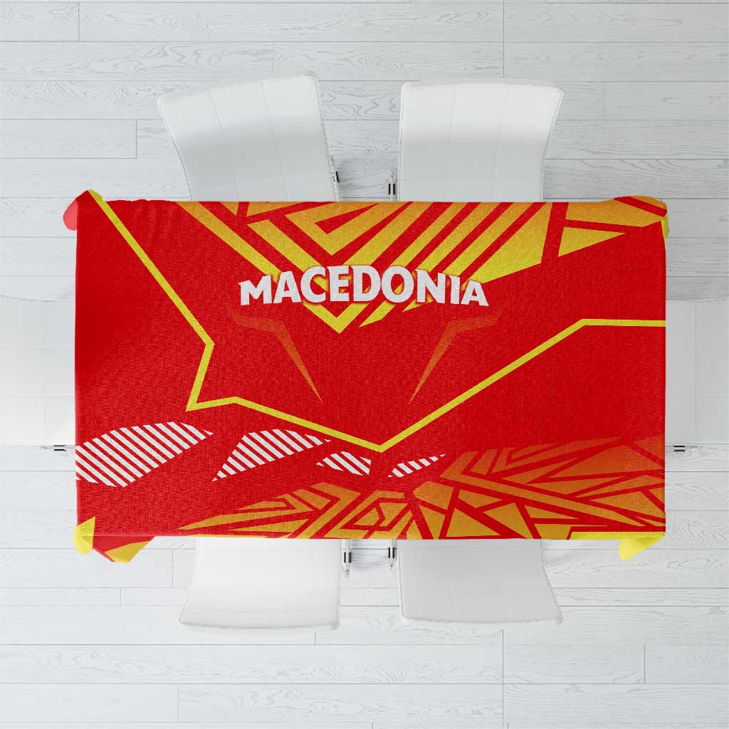 Red, yellow, and green Macedonia flag tablecloth with bold geometric emblem