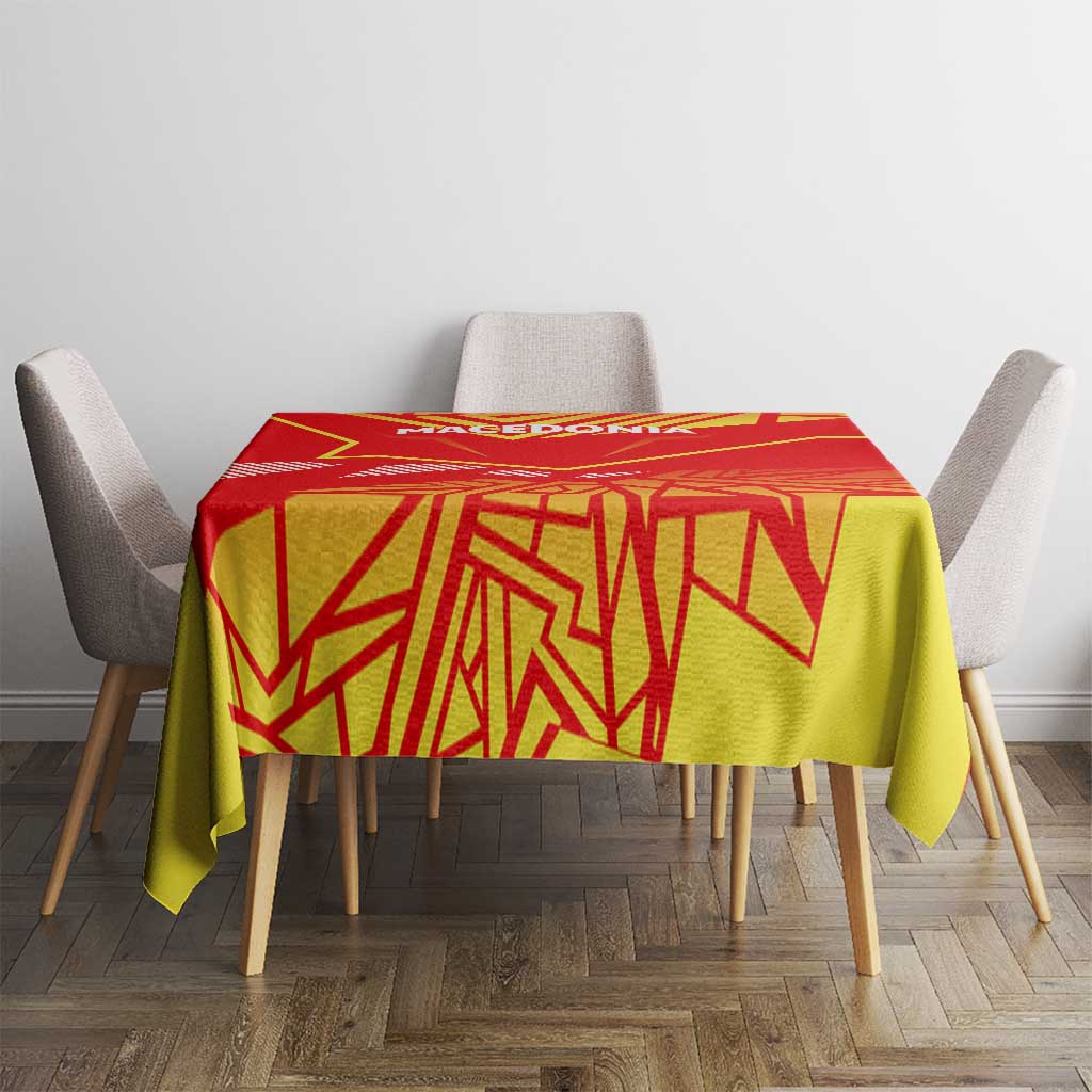 Macedonia flag tablecloth with red top and yellow-green sides on dining table