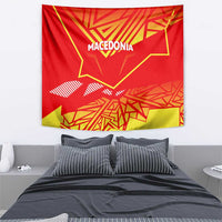Red Macedonia flag tapestry with yellow star emblem, geometric patterns, and 'MACEDONIA'