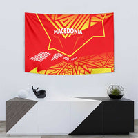 Red Macedonia flag tapestry with yellow star and geometric pattern; white 'MACEDONIA' text