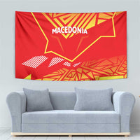 Red Macedonia flag tapestry featuring a yellow star, geometric shapes, and 'MACEDONIA' text