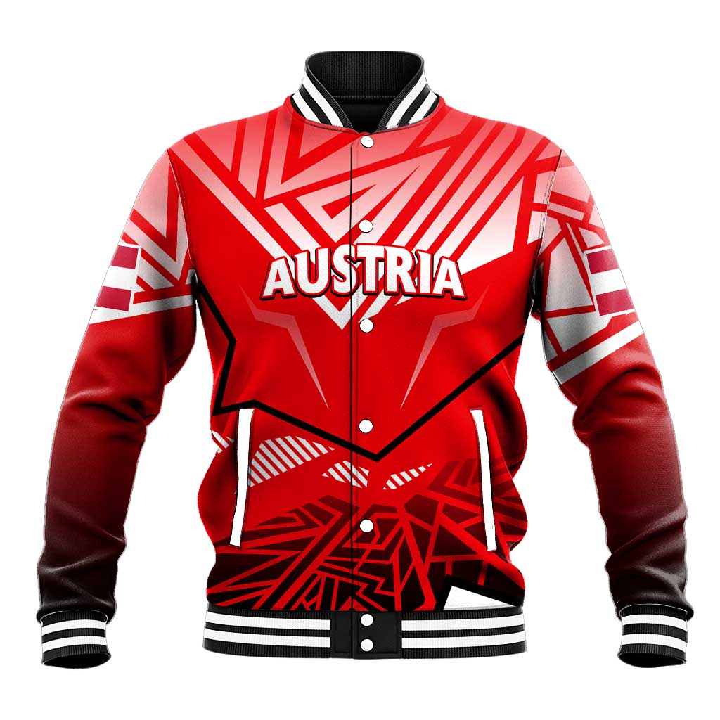 Red baseball jacket with striped ribbed collar, front button-up and AUSTRIA graphic