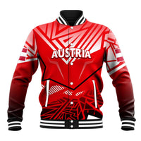Red baseball jacket with striped ribbed collar, front button-up and AUSTRIA graphic