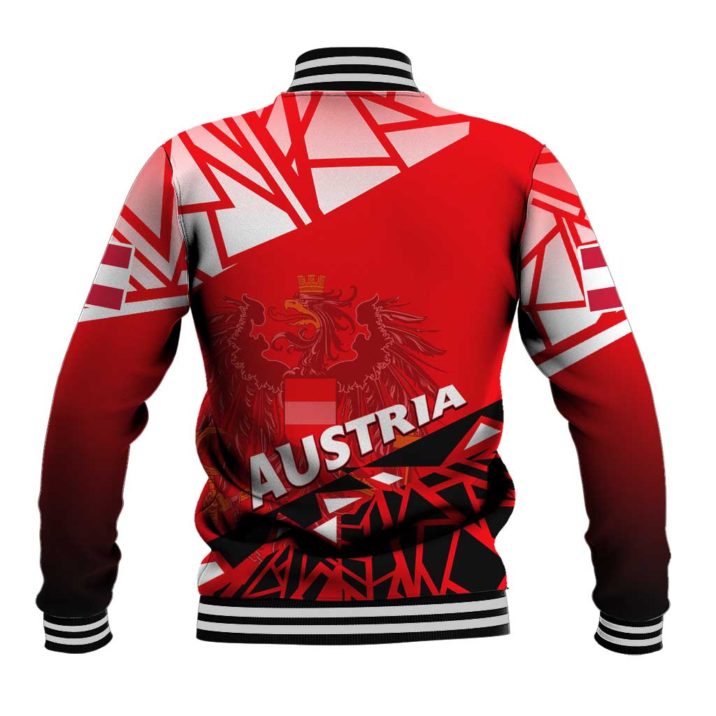 Red baseball jacket with striped ribbed hem, back crest eagle and AUSTRIA print