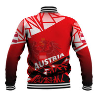 Red baseball jacket with striped ribbed hem, back crest eagle and AUSTRIA print