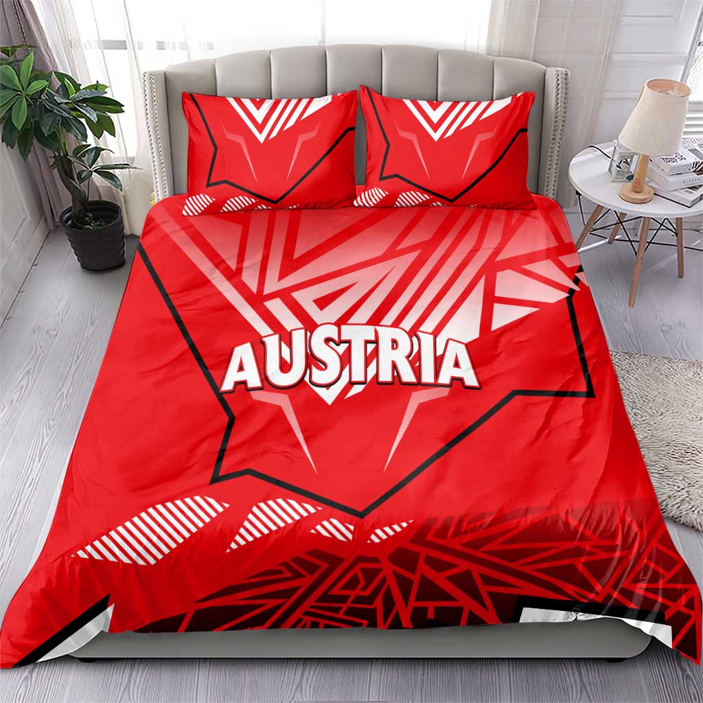 Red bedding set with duvet cover and two pillowcases, Austria graphic and flags pattern