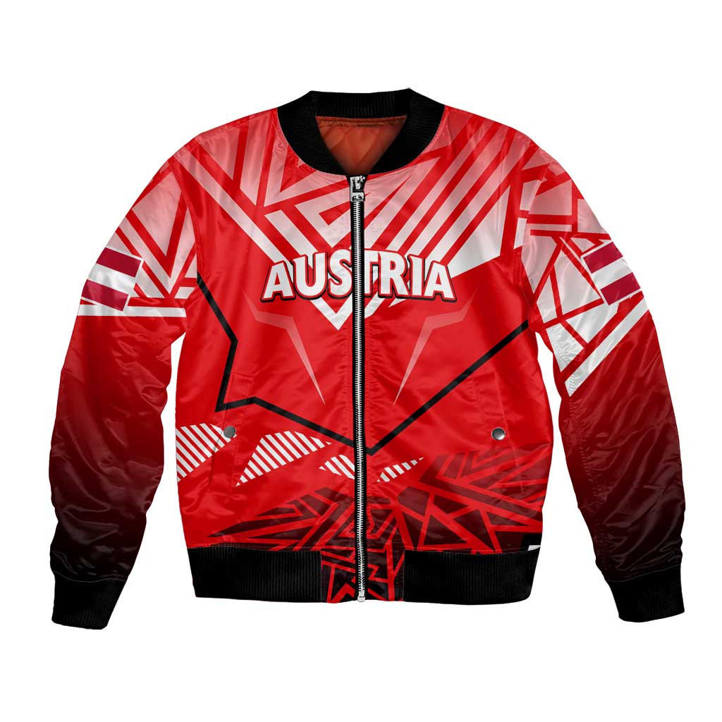 Red bomber jacket with white geometric graphics, Austria text, eagle emblem, front zipper