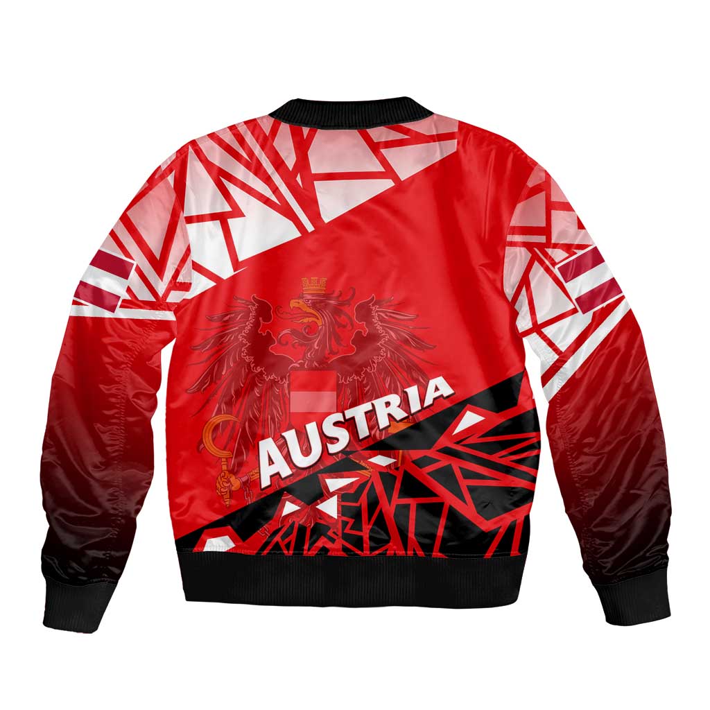 Red bomber jacket with white geometric pattern, large Austria logo and eagle crest, ribbed cuffs