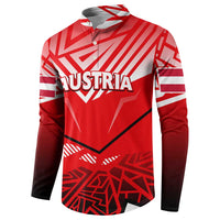 Red button sweatshirt with Austria text and flag pattern graphic, long sleeves