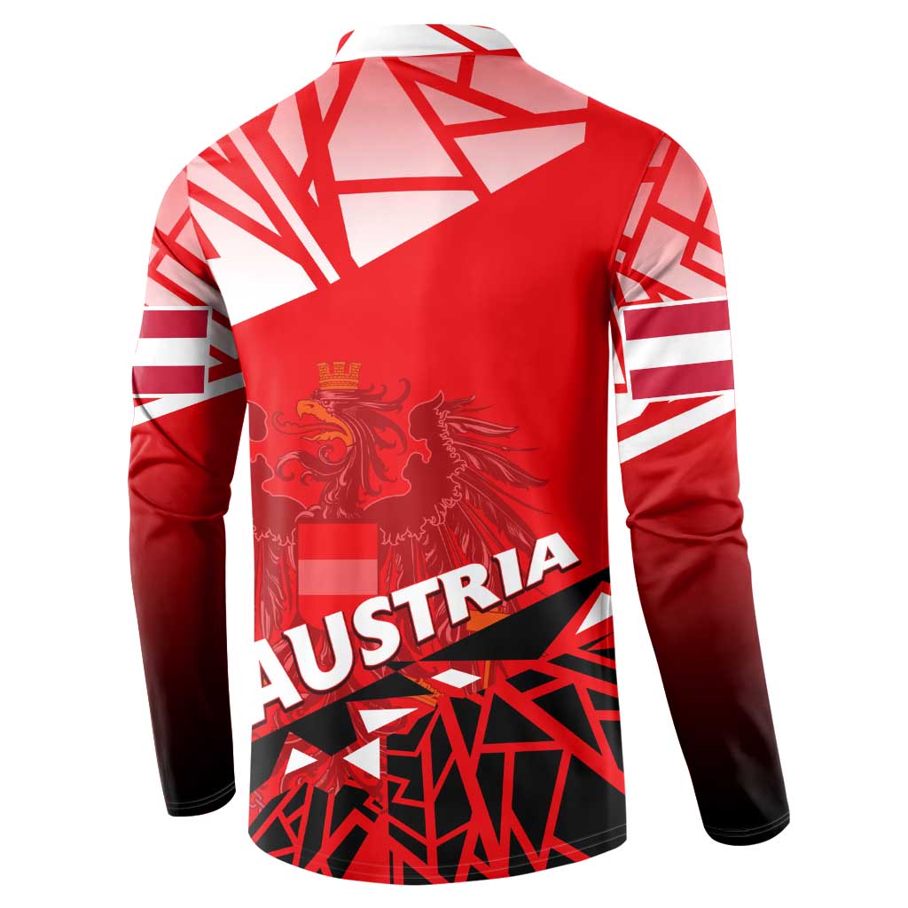 Red button sweatshirt with Austria emblem and flag pattern, back view, long sleeves