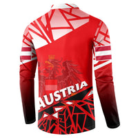 Red button sweatshirt with Austria emblem and flag pattern, back view, long sleeves